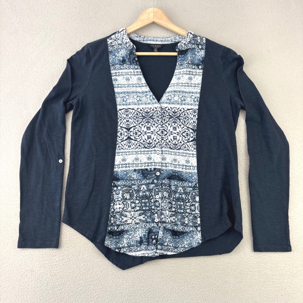 Lucky Brand Mixed‎ Print Button Up Top Women S Blue Boho Long Sleeve Slub Knit